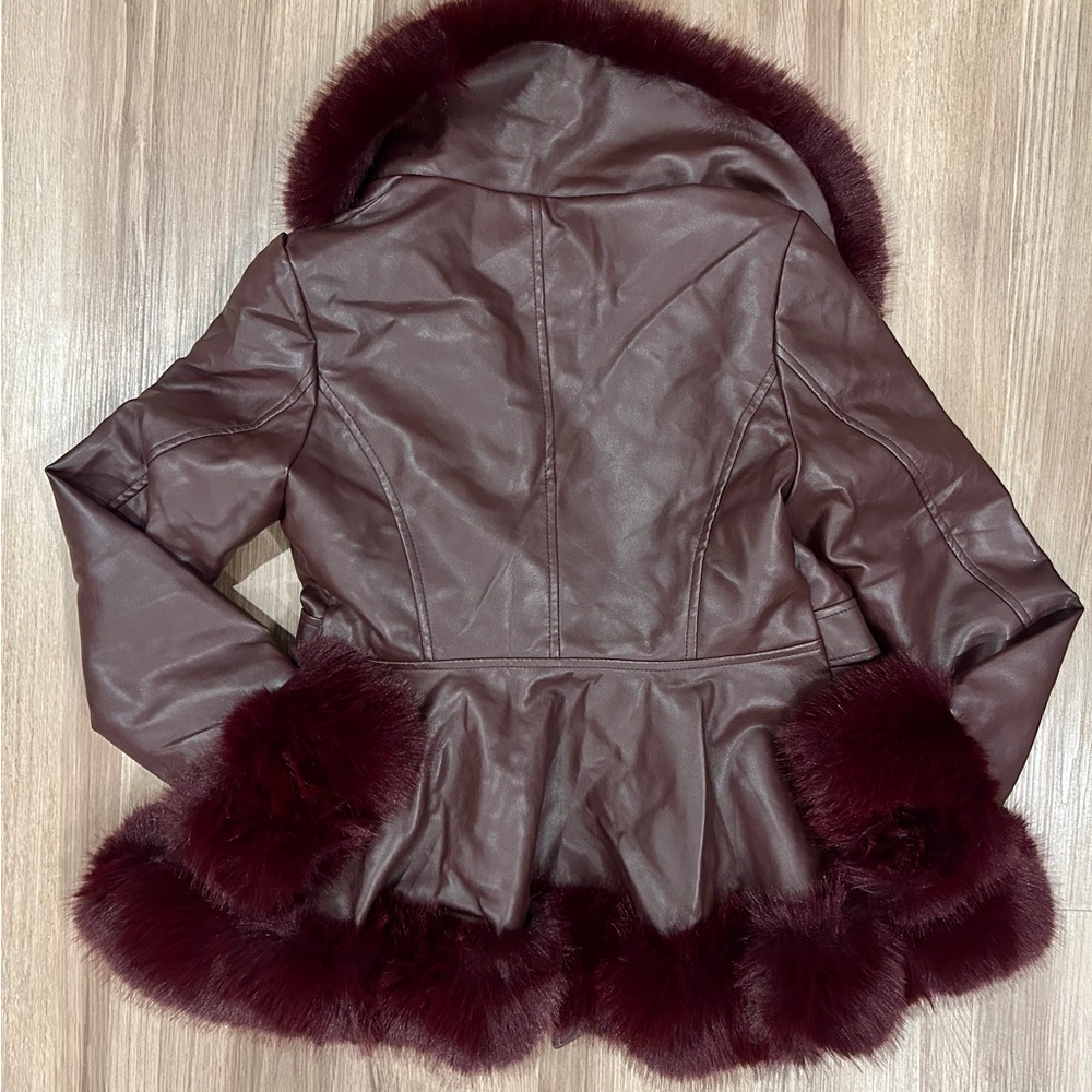 AZALEA WANG Kenzy Faux Leather And Faux Fur Coat Burgundy Size Medium - Picture 12 of 12
